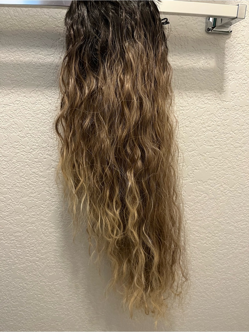 Natural Wavy Ombre Pony Tail in Blonde with brown roots